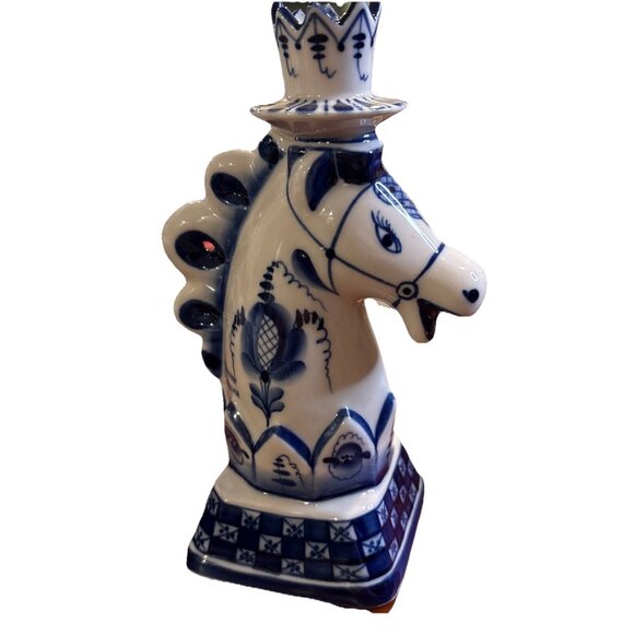 Vintage Russian GZHEL-STYLE Cobalt Blue & White Horses Head Candle Holders Lot 2 - Picture 7 of 7
